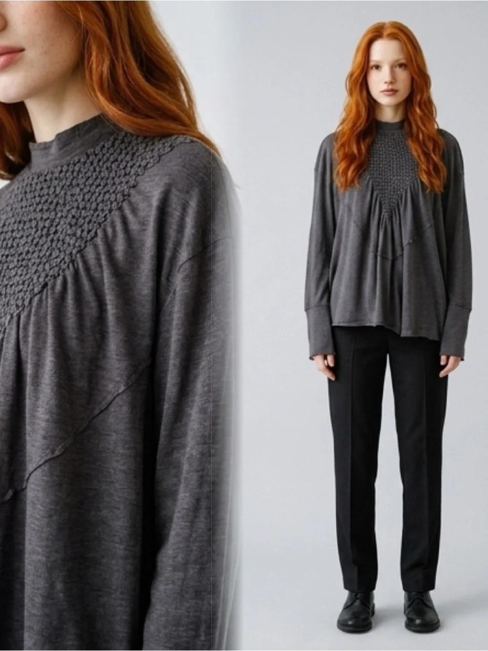 Smocked Yoke Long-Sleeve Pullover Sweatshirt Charcoal FREE PEOPLE NEW ROMANTICS - Picture 13 of 13